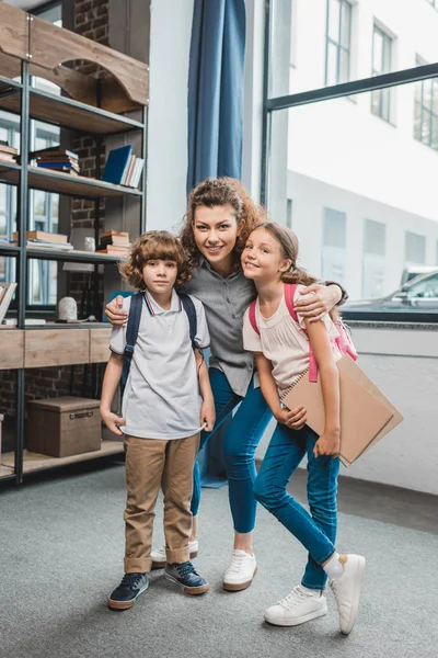 Mother with kids ready for school — Stock Photo