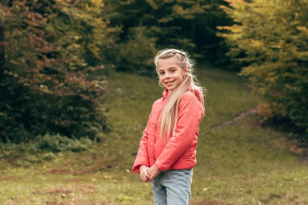 Niño en el parque de otoño - foto de stock