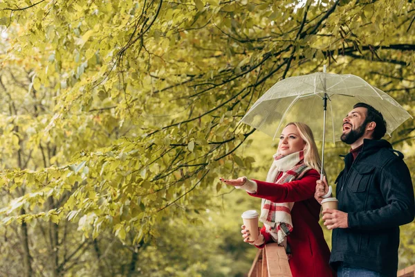 Casal com guarda-chuva no parque de outono — Fotografia de Stock