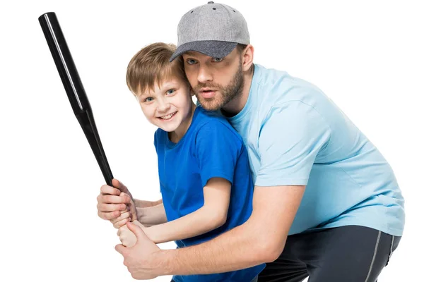 Pai e filho jogando beisebol — Fotografia de Stock