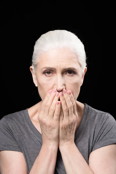 Scared grey hair woman — Stock Photo, Image