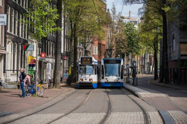 Amsterdam, Hollanda - 13 Mayıs 2017: şehir tramvay Amsterdam'da güzel bir yaz günü
