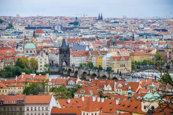 Teleaufnahme aus der Luft vom Petrin-Hügel zu den roten Dächern der Prager Altstadt — Stockfoto