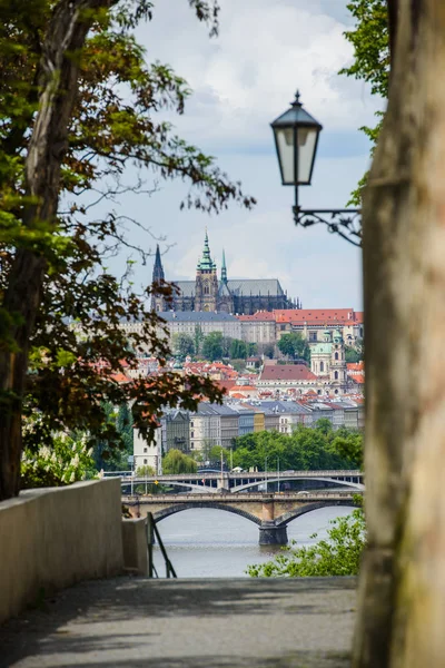 Antik lykta närbild och St. Vitus-katedralen, Tjeckien — Stockfoto