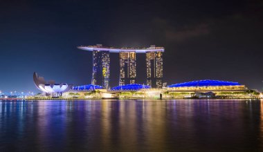 Suyun üzerindeki kentsel binalarla Singapur silueti