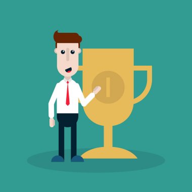 Düz vektör çizimi bir işadamı bir kazanan kupa ile