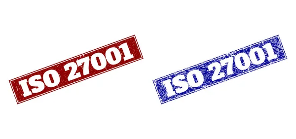 ISO 27001 Blue and Red Rectangle Seals with Distress Textures — Stock Vector