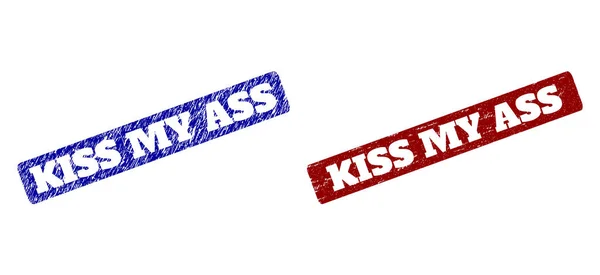 KISS MY ASS Carimbos de retângulo redondos vermelhos e azuis com texturas Grunge — Vetor de Stock