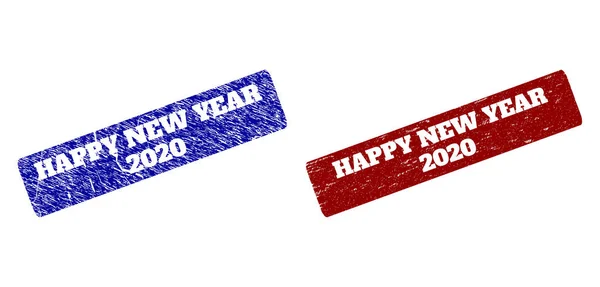 FELIZ AÑO NUEVO 2020 Sellos rectangulares redondeados rojos y azules con texturas corroídas — Vector de stock