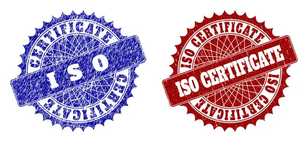 Iso Certificate Μπλε και κόκκινο στρογγυλό υδατογραφήματα με ελαστικό υφές — Διανυσματικό Αρχείο