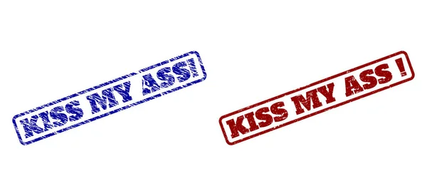 KISS MY ASS Exclamation Carimbos de retângulo redondos azuis e vermelhos com superfícies riscadas — Vetor de Stock