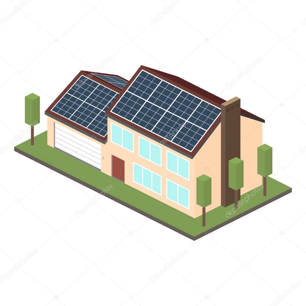 Icon isometric house with solar panels.