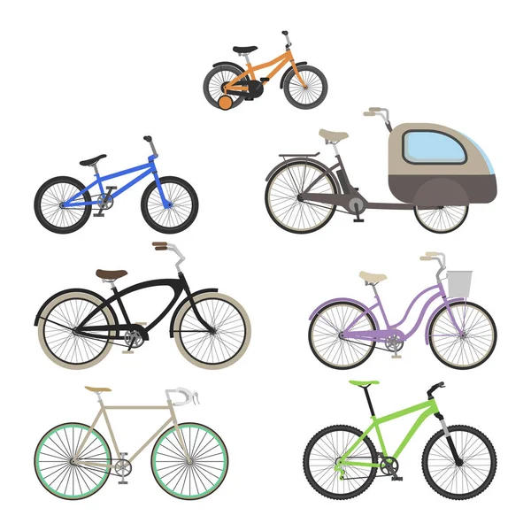 Ensemble de vélos dans un style plat . — Image vectorielle