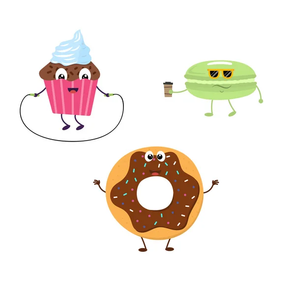 Uppsättning roliga karaktärer från cupcake, donut, macaroon. — Stock vektor