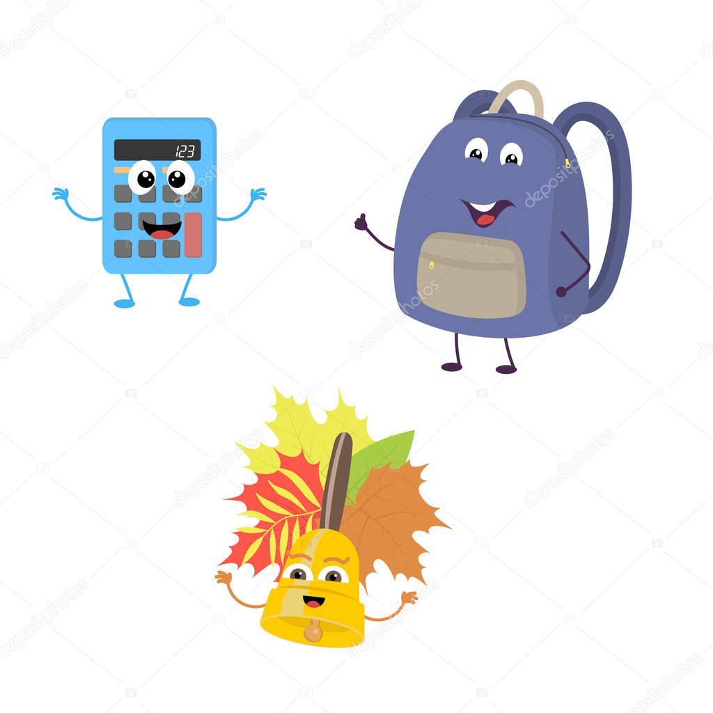 Set of funny characters from calculator, school bag, bell.