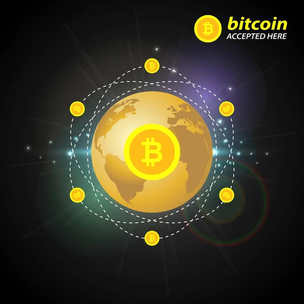 Gold-Bitcoin auf dem Hintergrund des Planeten. — Stockvektor
