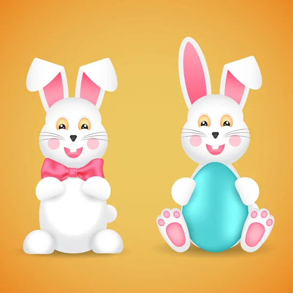 Two funny Easter bunnies with a bow and egg. — Stock Vector
