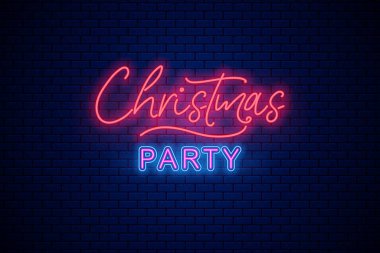 Bir Noel partisine davetiye. Koyu tuğla arkaplanda neon işareti.