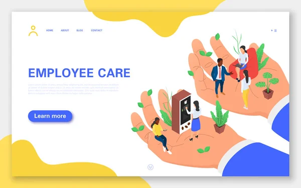 Employee care banner concept. Big hands hold little people. Providing employees with benefits, career growth. — 스톡 벡터