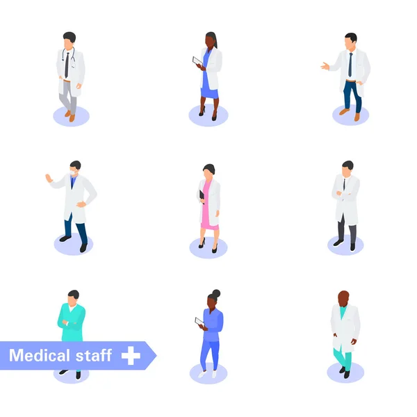 Uppsättning olika medicinska tecken isolerad på en vit bakgrund. Läkarteam och personal. — Stock vektor