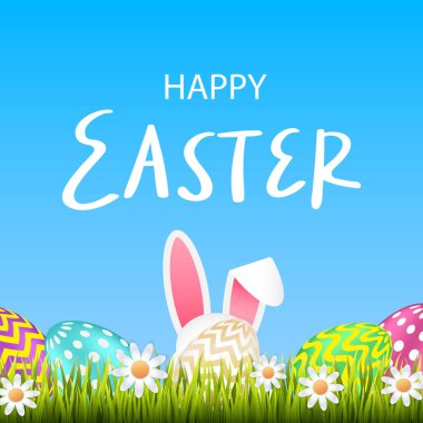 Happy Easter greetings. Congratulatory inscription on a blue background with grass, Easter eggs and a rabbit that is hiding.