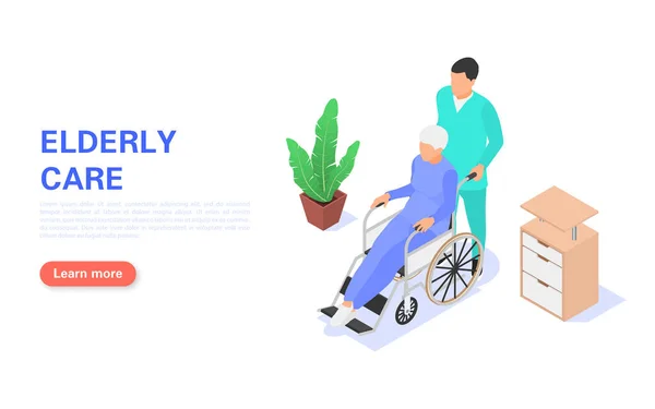A nurse helps an elderly woman in a wheelchair. Nursing home, elderly care concept. — Stockvector