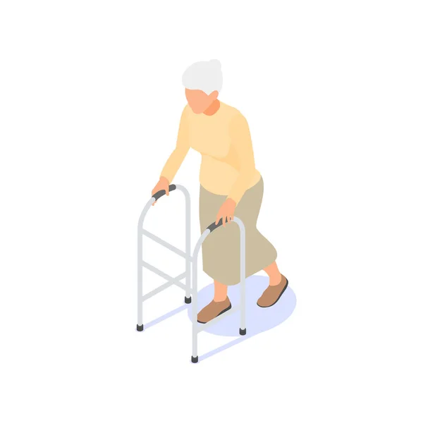 An elderly woman moves leaning on a walker. — Stockvector
