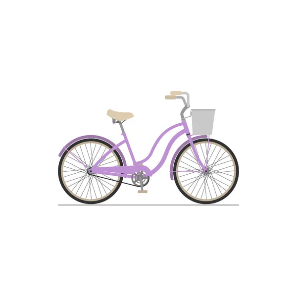 Icono plano aislado de una bicicleta de crucero femenina con una cesta sobre un fondo blanco . — Vector de stock