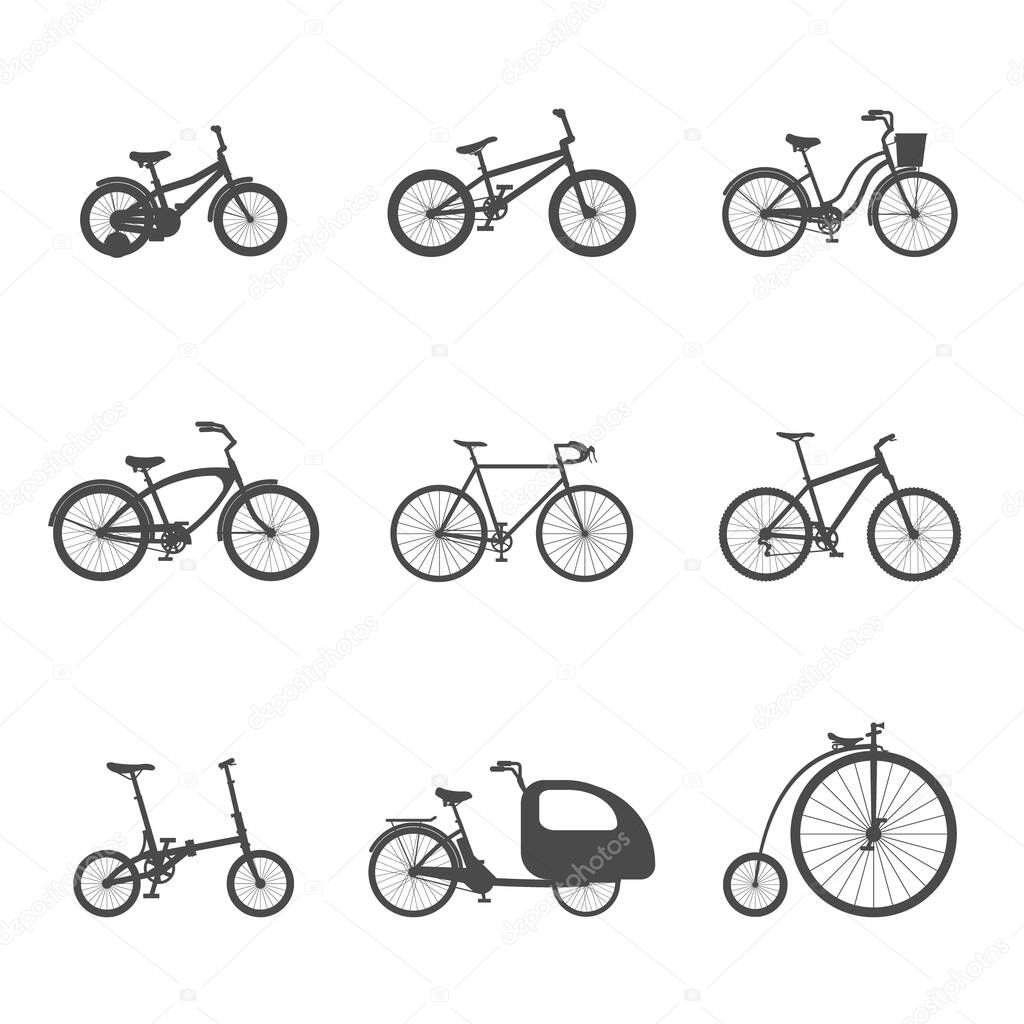 Set of simple isolated bicycle icons on a white background.