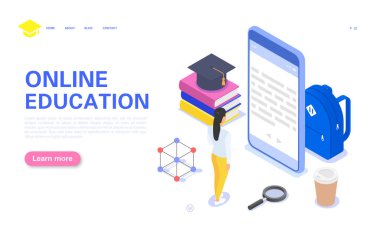 Modern çevrimiçi eğitim afişi. Bir mobil aygıt üzerinde çevrimiçi ders okuyan bir öğrencinin karakteri.