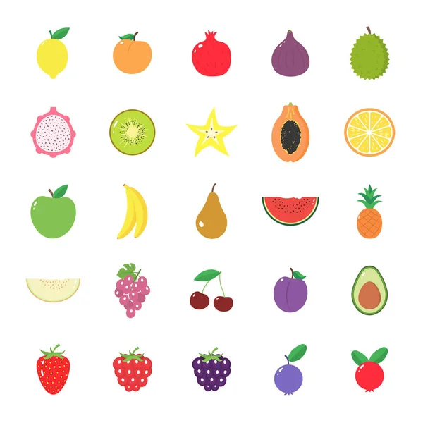 Set ikon yang terisolasi dari berbagai buah-buahan dan beri pada latar belakang putih. - Stok Vektor