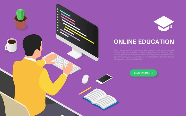 Modern online oktatási banner koncepció. Egy diák online tanfolyamokat tanul egy számítógépen távolról. Otthoni oktatás, átképzés, szakosodás. — Stock Vector