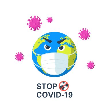 Beyaz arka planda maskeli bir dünya karakteri. Coronavirus koruması, karantina.