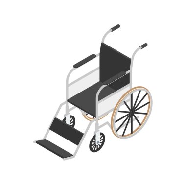 Tekerlekli sandalye beyaz arkaplanda izole edilmiş bir simge. Bilgi grafikleri, internet siteleri, web pankartları için kullanılabilir.