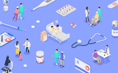 Sağlık sigortası konsepti. Klinikte farklı yaşlardaki hastalara tıbbi danışma, hastalık önleme ve tedavi.