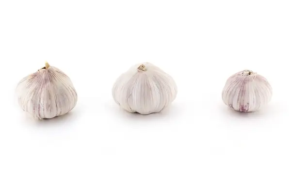 Три свежих молодых луковицы чеснока аккуратно изолированы на белом фоне — стоковое фото