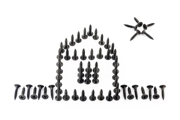 篱笆和明星用自攻螺钉隔离在白色背景上的黑色氧化绘图的房子 — 图库照片