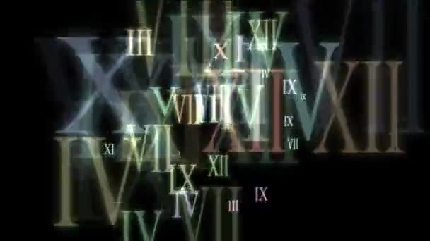 Ψηφιακοί ρωμαϊκοί αριθμοί κινούνται σε μαύρο φόντο. — Αρχείο Βίντεο