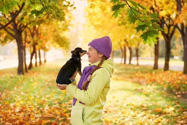 genç kız rahatlatıcı küçük bir köpekle açık havada sonbaharda oynamayı dog.girl ile gülümseyen