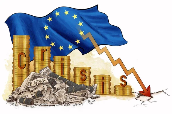 Financial crash in Europe. global economic crisis. Tower coins and flag European Union, cracked bank, white background. concept bankruptcy,budget recession.