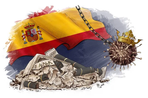 Gospodarka spada Hiszpania. kryzys bankowy, bankructwo, recesja budżetowa. Rozbijająca się kula koronawirusa na łańcuchu wisi w pobliżu pękniętego banku. Biznes cracku, ekonomia. Państwo symbolu, flaga. — Zdjęcie stockowe