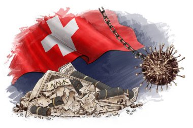 National debt Switzerland. Global money loss problem,crisis and bankruptcy risk, budget recession. Wrecking coronavirus ball on chain hangs near cracked bank. crack business, economy. clipart