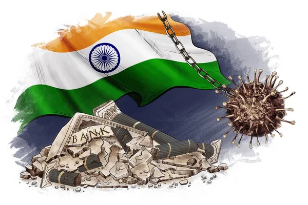 National debt India. Global money loss problem,crisis and bankruptcy risk, budget recession. Wrecking coronavirus ball on chain hangs near cracked bank. crack business, economy. — Stock Photo, Image