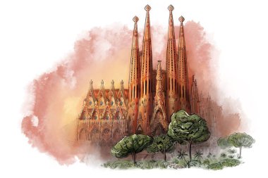 Barcelona, İspanya 'daki Sagrada Familia Katedrali. tarihi eser ve turizm sembolü. Beyaz arkaplanda izole edilmiş dijital kilise çizimi.