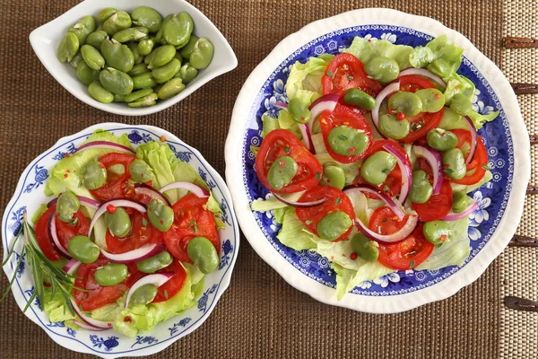 Salat Mit Saubohnen Tomaten Und Roten Zwiebeln — Stockfoto