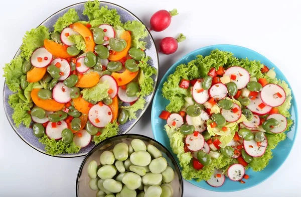 Salads Broad Beans Radish Apricots — Stock Photo, Image