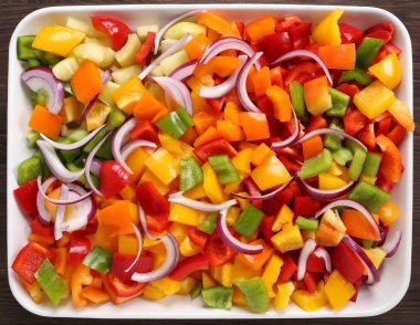 Bir seramik tabak içinde renkli, doğranmış biber.