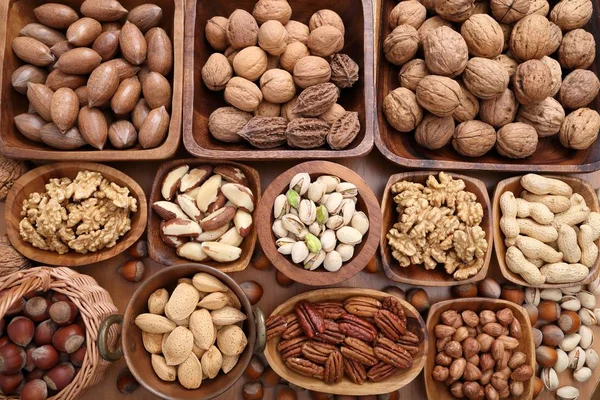 Variety Nuts Wooden Bowls — Stock Photo, Image