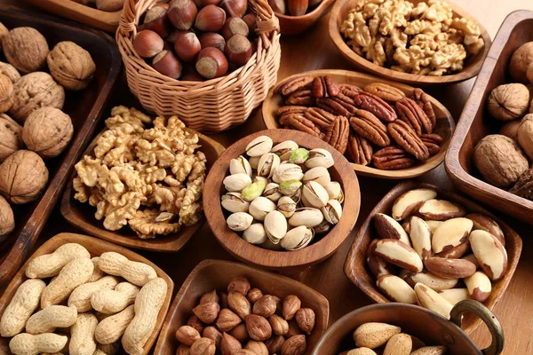 Variety Nuts Wooden Bowls — Stock Photo, Image