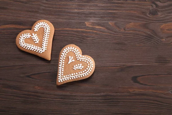 Gingerbread Hearts Decorated Icing Wooden Background — Stock Photo, Image